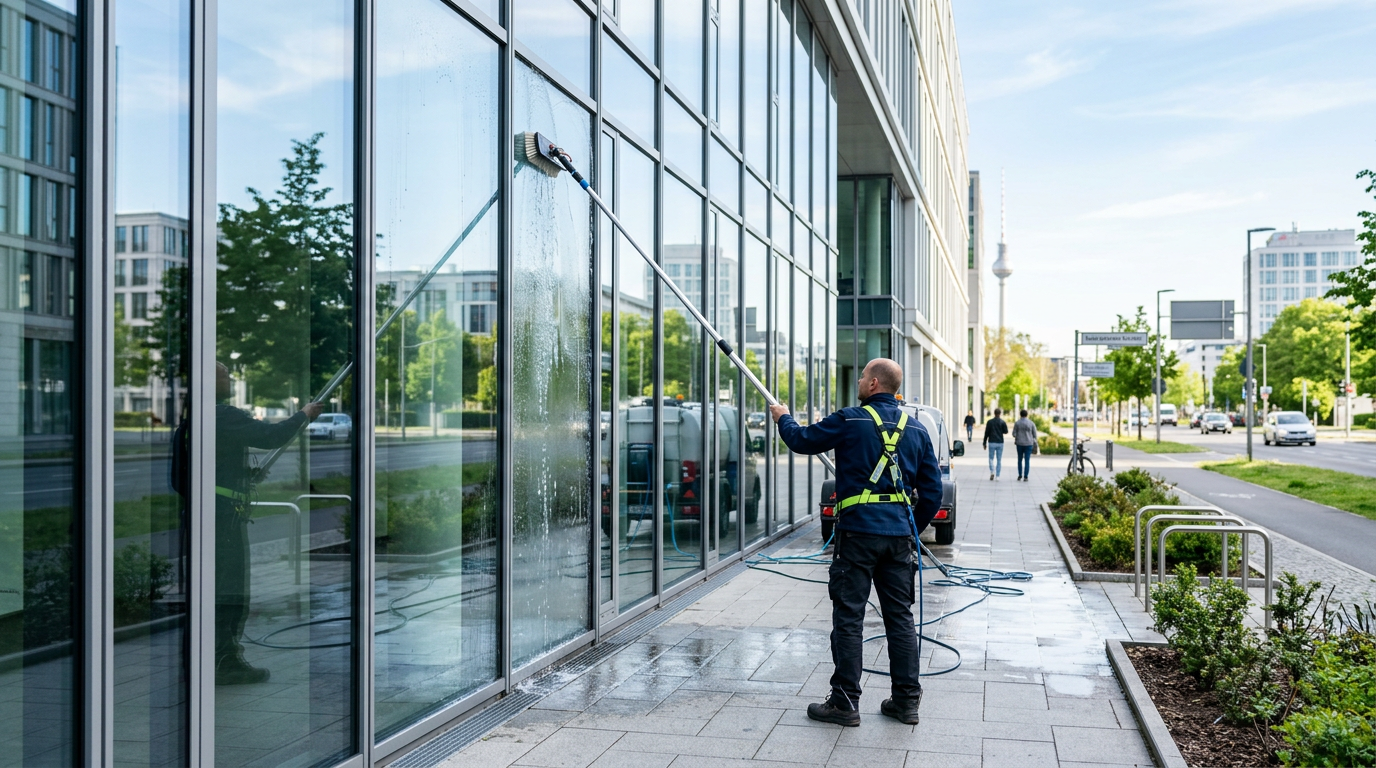 Fensterreinigung im Gewerbe: Intervalle, Methoden und Sicherheit